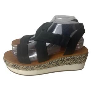 Lucky Brand Women Espadrilles Wedge Black Tan Strappy Leather Wedge Sandal 8